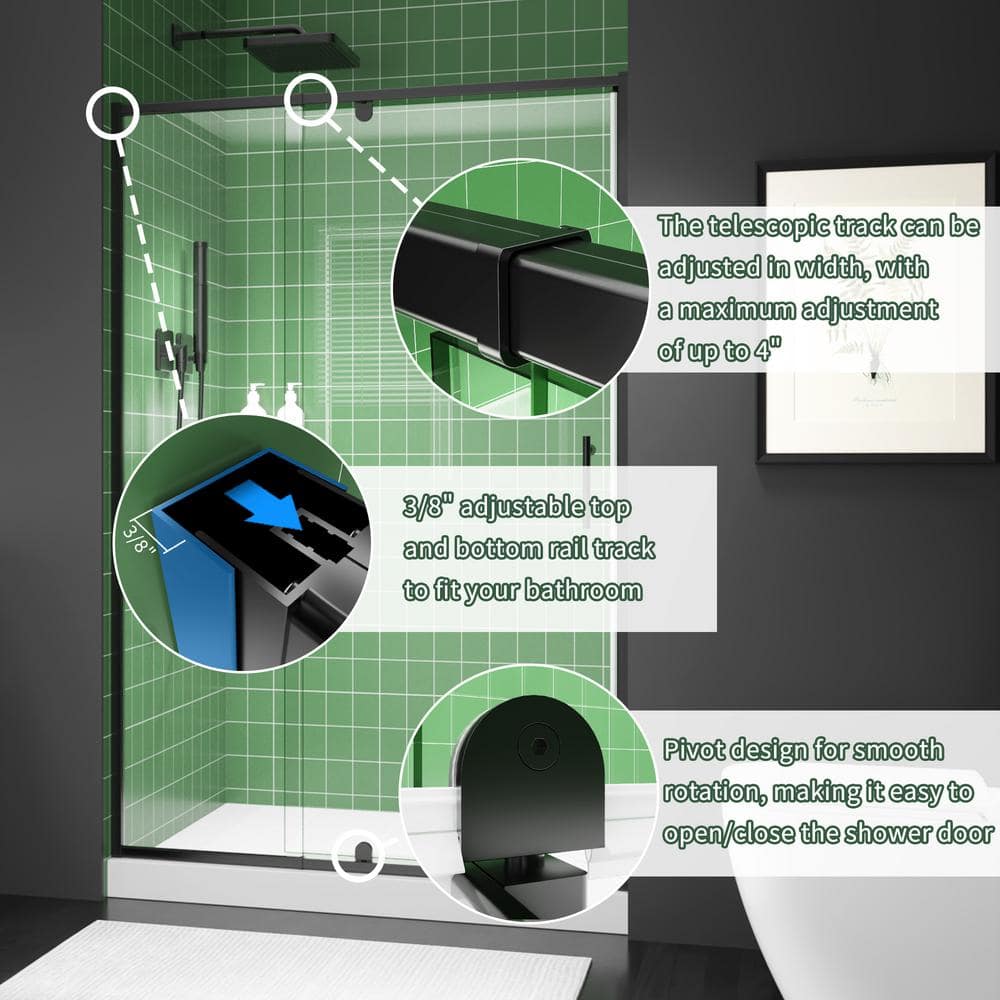 42-inch Black Semi-Frameless Pivot Shower Door with Clear Glass