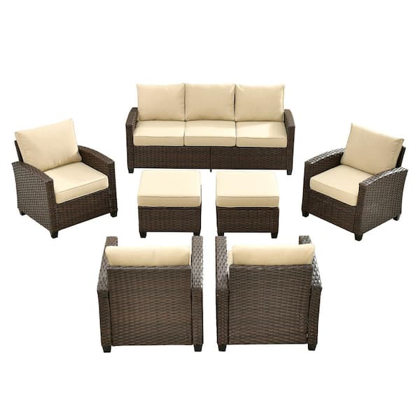 Solidago Brown 7-Piece Wicker Outdoor Patio Conversation Seating Set with Beige Cushions