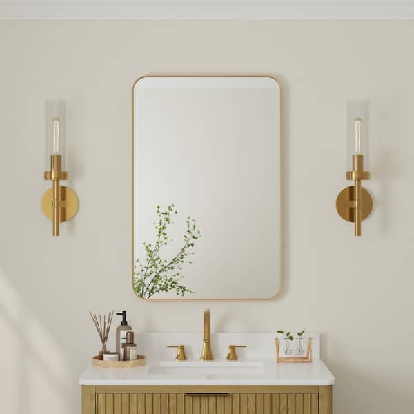 ANGELES HOME 24 in. x 36 in Retangular Framed Wall Bathroom Vanity Mirror Decor Mirror in Brushed Gold