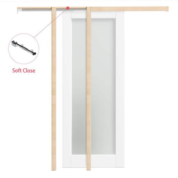 32 in. x 80 in. White Primed Solid Wood 1-Lite Forested Glass Pocket Door with Hardware Kit (Soft Close Included)