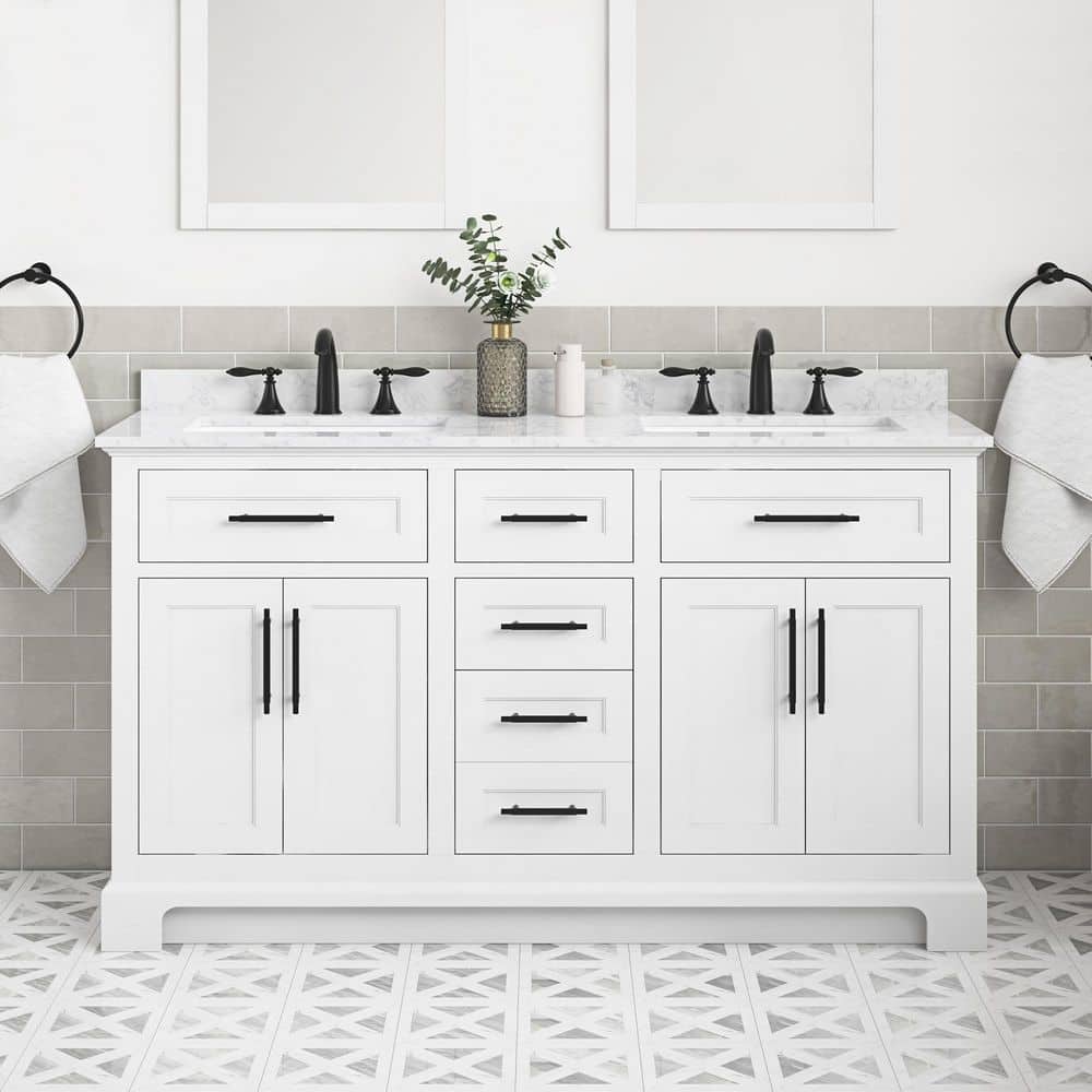 Doveton 60 in. Double Sink Freestanding White Bath Vanity with White Engine