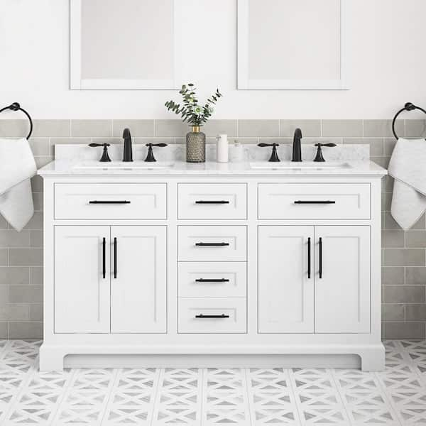 Doveton 60 in. Double Sink Freestanding White Bath Vanity with White Engineered Marble Top (Assembled)