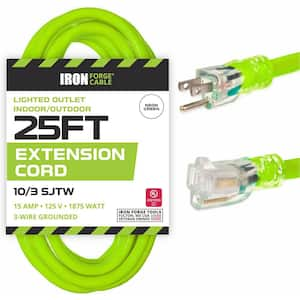 25 ft. 10 Gauge 10/3 Outdoor Braided Extension Cord, with Tri-tap, Dual Lighted End, Foot Switch, 15 AMP, Light Green