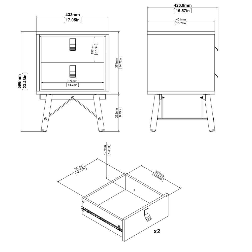 Ry Black Matte and Walnut 2-Drawer Nightstand