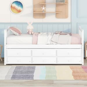 White Twin Captain's Bed with Trundle Bed, Wood Storage Daybed with 3 Storage Drawers for Kids Teens and Adults