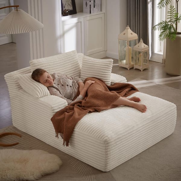 Noble House Rhydian White Modern Polyester Upholstered Corduroy Oversized Chaise Lounge