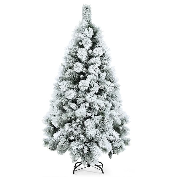 Costway 5 ft. White Unlit Snow Flocked Hinged Slim Artificial Christmas Tree w/Pine Needles