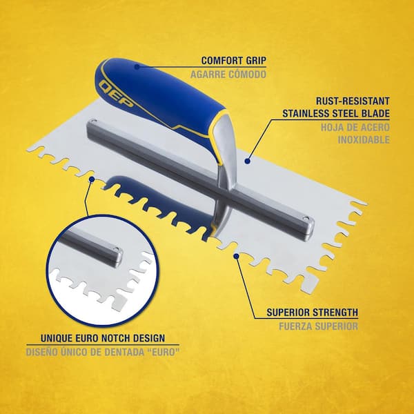 11 in. x 4-1⁄2 in. Stainless Steel Blade Large Format Tile, Euro Notched Flooring Trowel