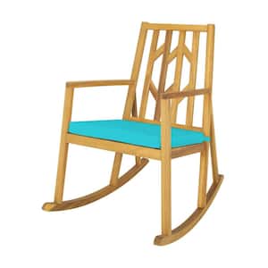 Patio Acacia Wood Outdoor Rocking Chair with Armrest and Turquoise Cushion for Garden and Deck