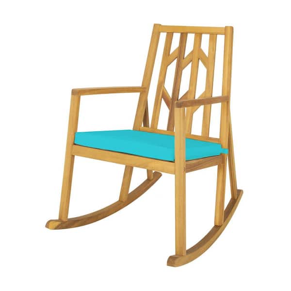 ANGELES HOME Patio Acacia Wood Outdoor Rocking Chair with Armrest and Turquoise Cushion for Garden and Deck