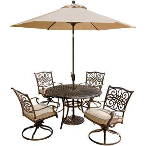 Traditions 5-Piece Outdoor Patio Dining Set and Umbrella with Natural Oat Cushions
