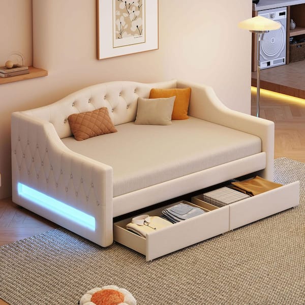 Beige Upholstered Twin XL Size Daybed with LED Belt with 2-Drawers