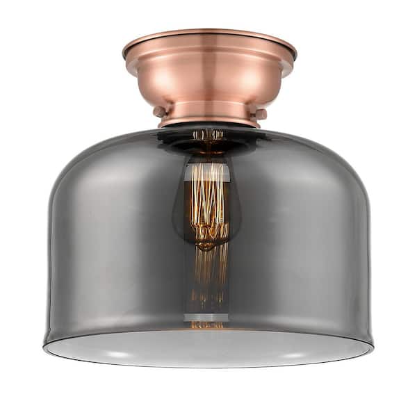 Bell 12 in. 1-Light Antique Copper Industrial Flush Mount with Smoked Glass Shade