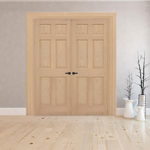 48 in. x 80 in. Universal 6-Panel Solid Unfinished Red Oak Wood Double Prehung Interior French Door with Nickel Hinges