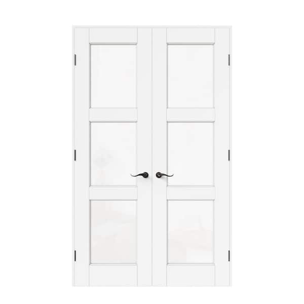 36 in. x 80 in. 3-Lite Clear Glass Universal White Solid Core Glass Double Prehung French Door Plus Quick Assemble Jamb