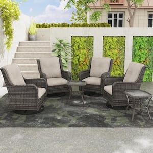 6-Piece Wicker Patio Conversation Set Swivel Rocking Chairs with Beige Cushions
