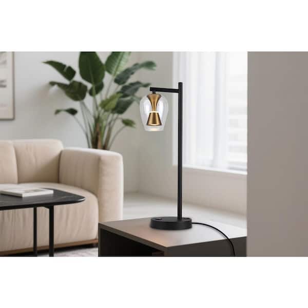 Elegance H80 in. Brass Accented Modern Minimalist Integrated LED Table Lamp for Living Room with Transparent Glass Shade