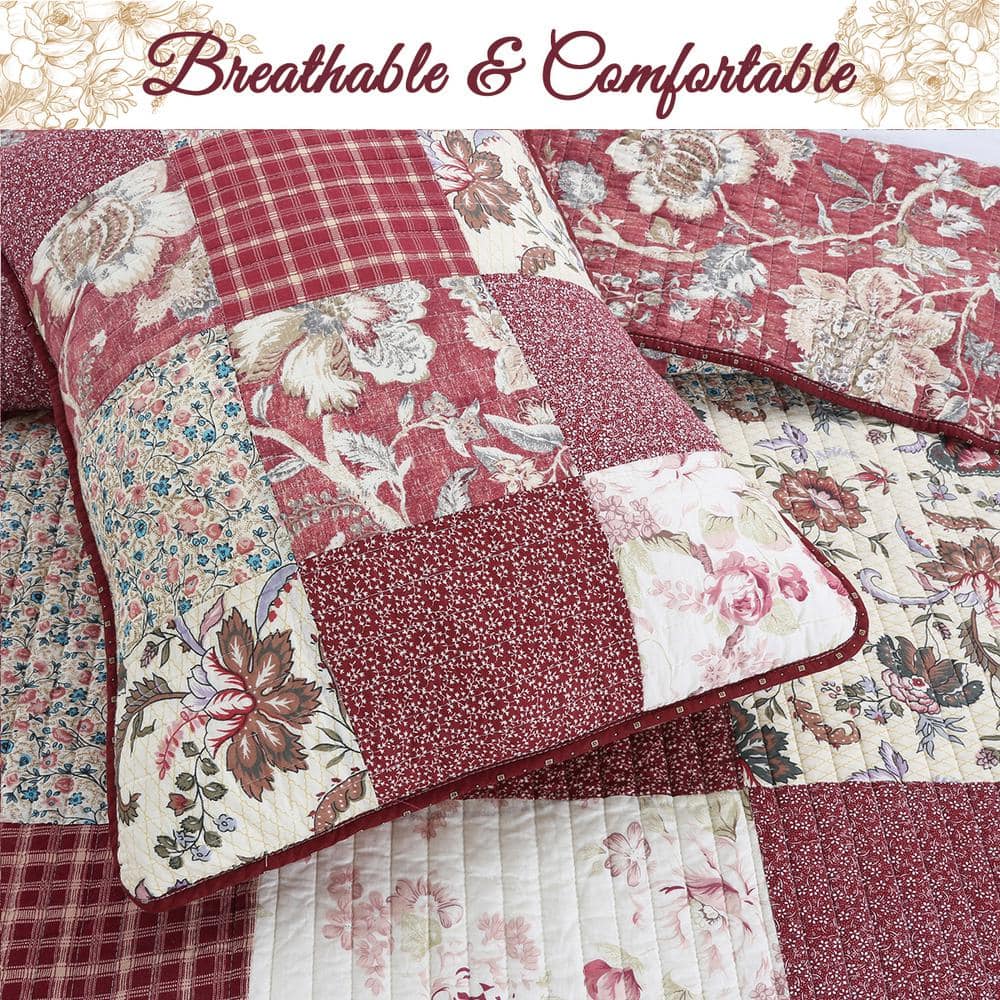 Romantic Red Floral Patchwork Cotton Reversible Queen Quilt Set