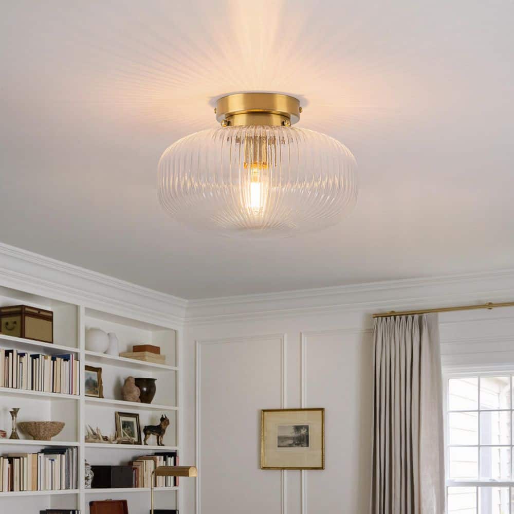 11 in. Modern Round Brushed Brass 1-Light Semi-Flush Mount Ceiling Light with Ribbed Glass Shade for Bedroom Foyer price history on PriceWatchPro