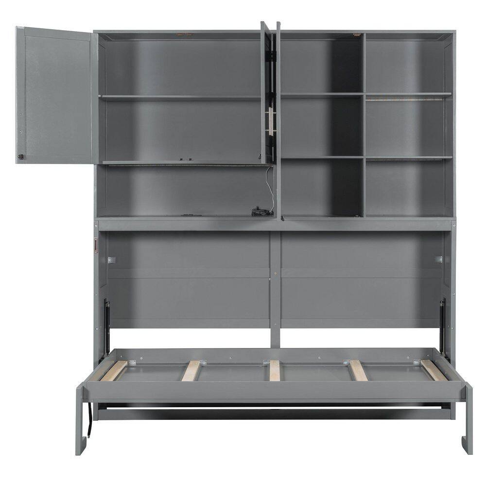 White Wood Frame Twin Size Murphy Bed with Top Cabinet, Shelves, Space Saving Foldable Bed with Light & USB - thumbnail 4