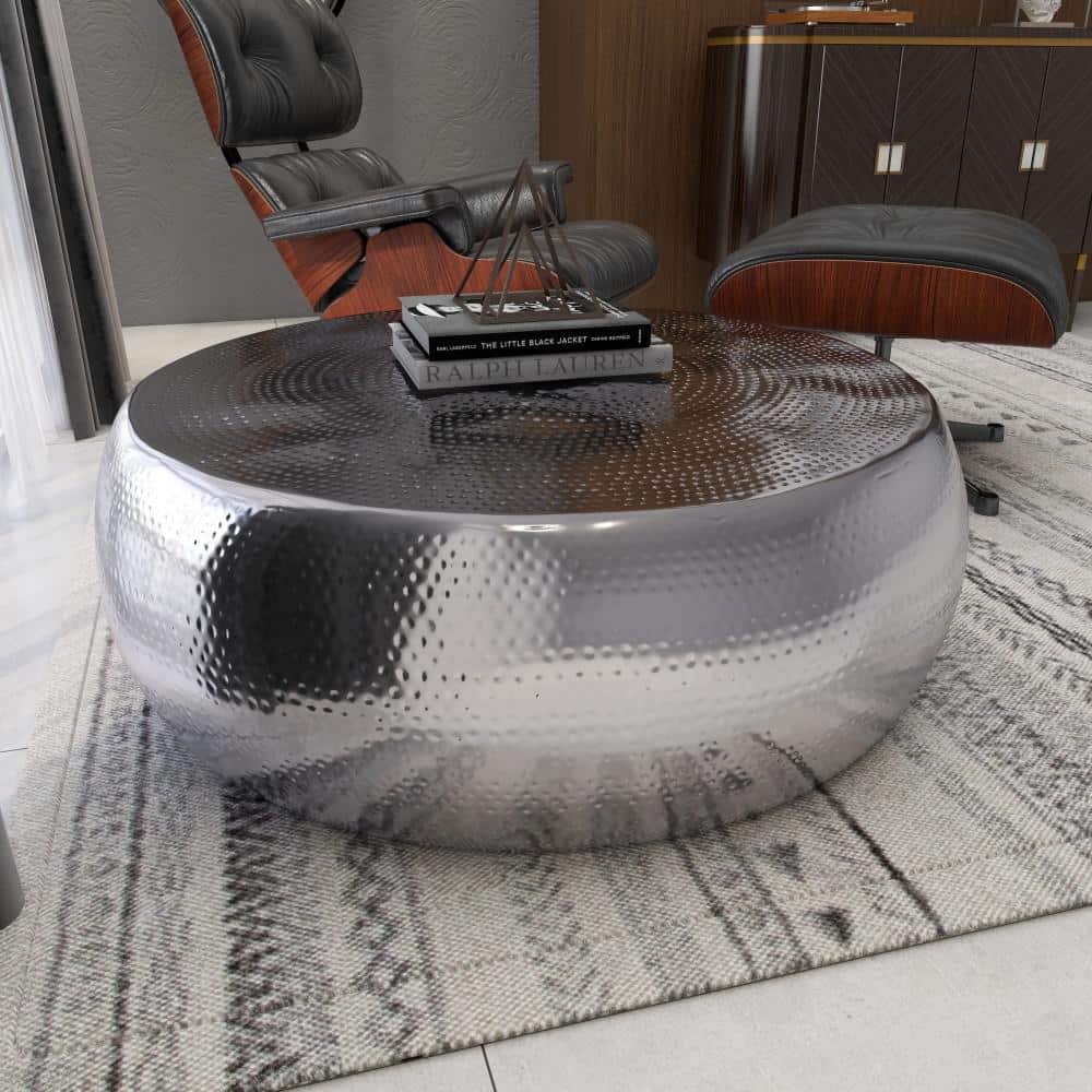 Elegant Hammered Silver Aluminum Round Coffee Table - 49"