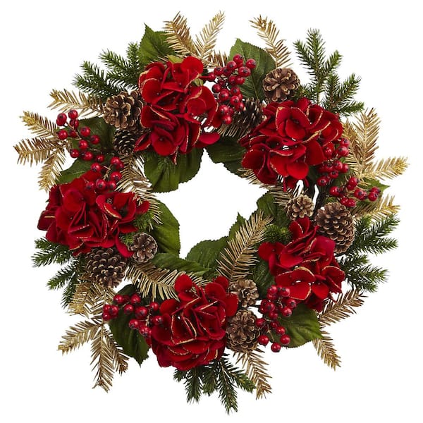 24 in. Artificial Hydrangea Pine Wreath