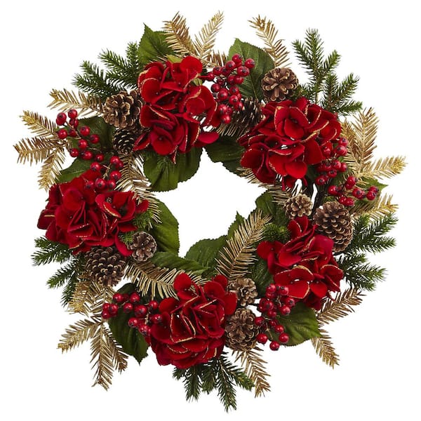Nearly Natural 24 in. Artificial Hydrangea Pine Wreath