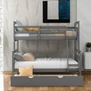 Gray Twin Over Full Bunk Bed with Twin Size Trundle, Wood Bunk Bed Frame with Ladder, Safety Guardrail for Teens, Kids