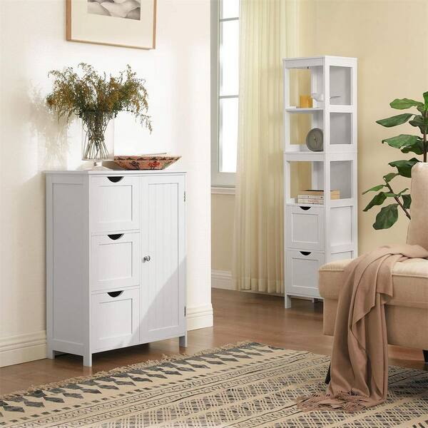 Dracelo 23.62 in. W x 11.81 in. D x 27.56 in. H White Bathroom Storage Linen Cabinet with 3 Drawers and Two Layers