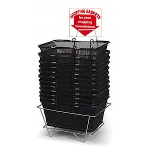 12 in. Large Wire Mesh Store Shopping Baskets Plus Metal Display Stand in Black