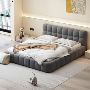 Gray Wood Frame Queen Size Linen Upholstered Platform Bed with Soft Foam-Filled Headboard, Grounded Bed
