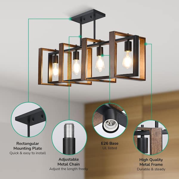 60 -Watt 4 Light Dining Room Shaded Pendant Light with Rustic Wood and Black Mental Finish Shade, No Bulbs Included