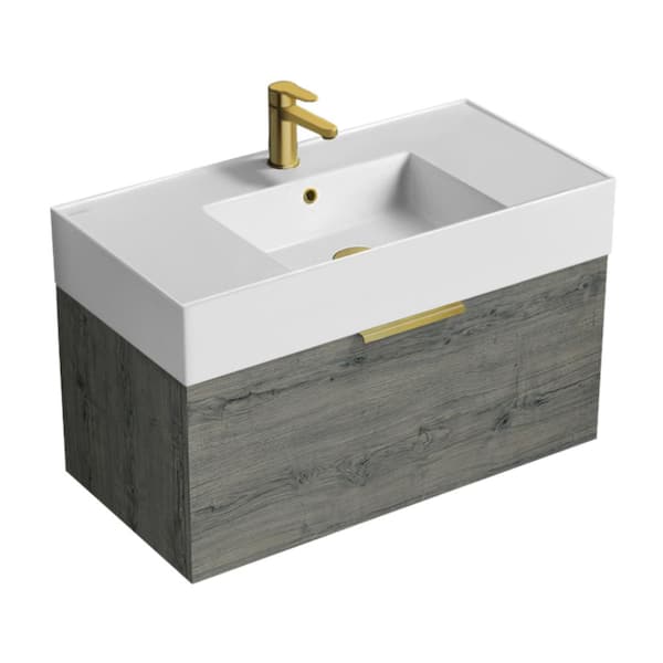 Nameeks Derin 31.9 in. W x 17.4 in. D x 20.47 in. H Modern Bathroom Vanity in Grey Oak With White Ceramic Top