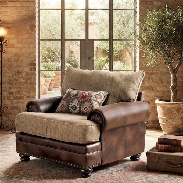 Ardelisse Brown/Tan Fabric and Leatherette Accent Arm Chair with Curling Rolled Arms and Loose Back Pillow