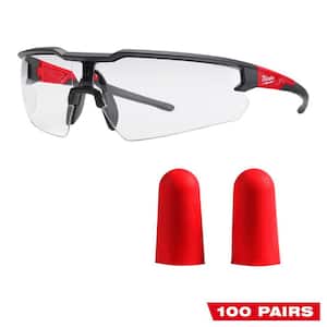 Clear Safety Glasses Anti-Scratch Lenses and Red Disposable Earplugs (100-Pack) with 32 dB Noise Reduction Rating