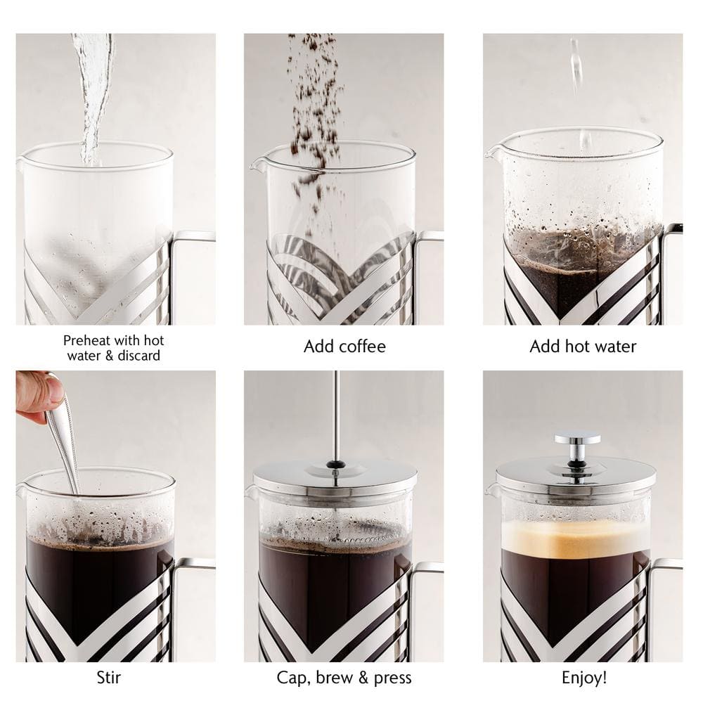 Nickel Brushed Stainless Steel French Press Coffee Maker with Measuring Spoon