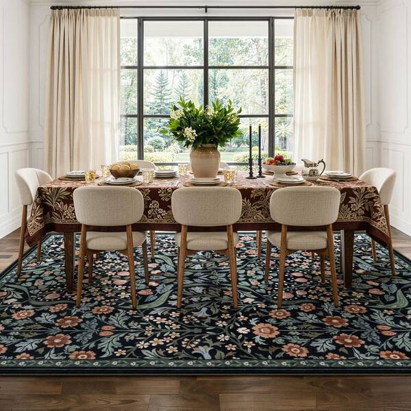 8 ft. x 10 ft. Black Multi-Colored Floral Plant Washable Area Rug
