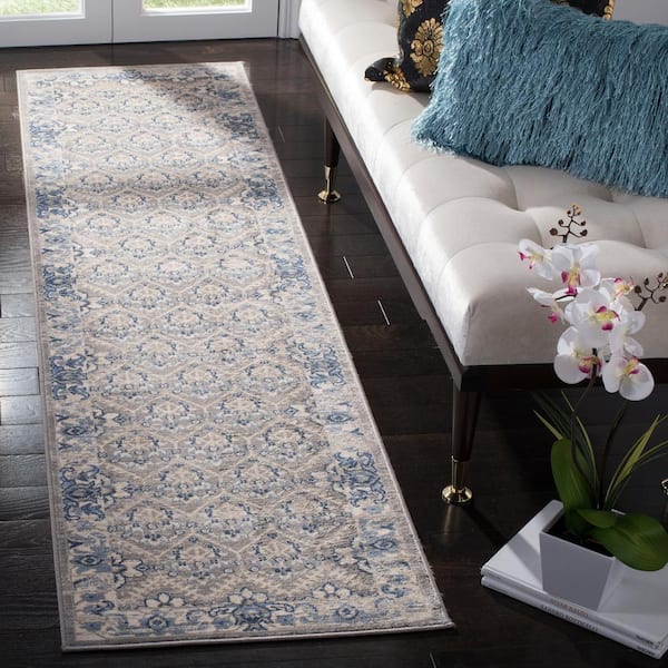 Brentwood 2 ft. x 18 ft. Light Gray/Blue Border Geometric Medallion Runner Rug