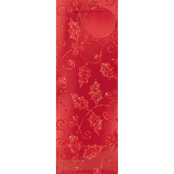 Amscan 14 in. x 5 in. x 5 in. Red Holly Foil Bottle Bags with Glitter (15-Pack)