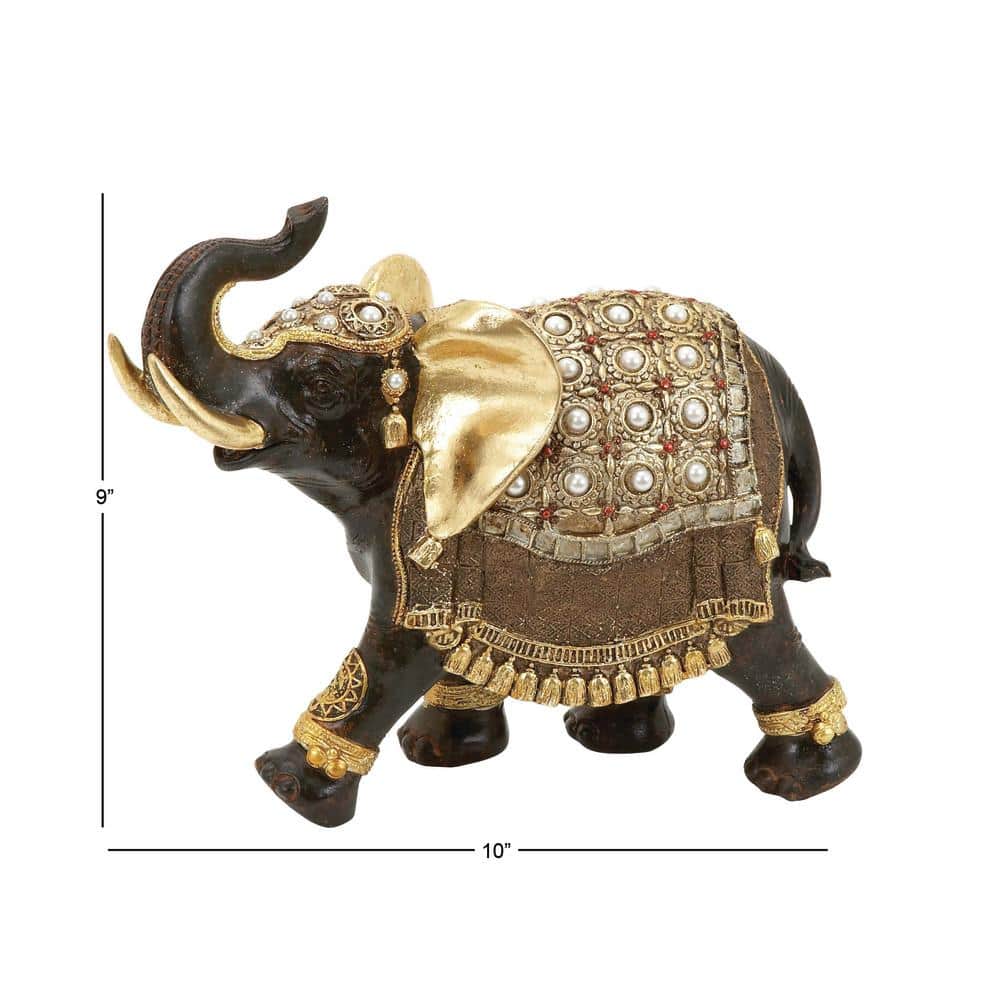 Gold and Brown Bejeweled Elephant Figurine with Rhinestones