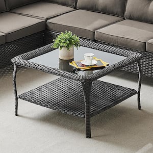 Gray Square Wicker Outdoor Glass Large Side Table