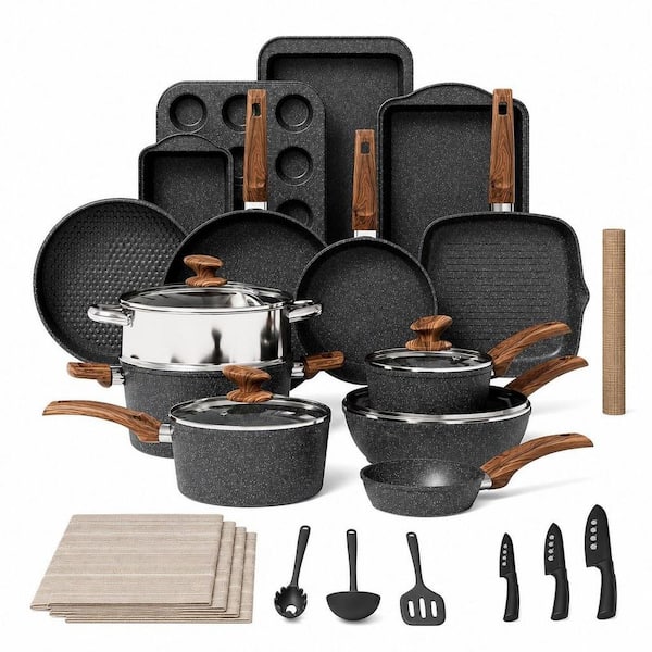 30-Piece Granite Kitchen Induction Cookware Set in Black, Granite Cooking Pans Set, Non-Stick Pots and Pans Set