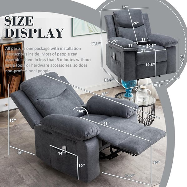 dreamlify Light Gray Recliner Chair with Massage and Heat, Fabric Living Room Reclining Single Sofa Seating with Cup Holders