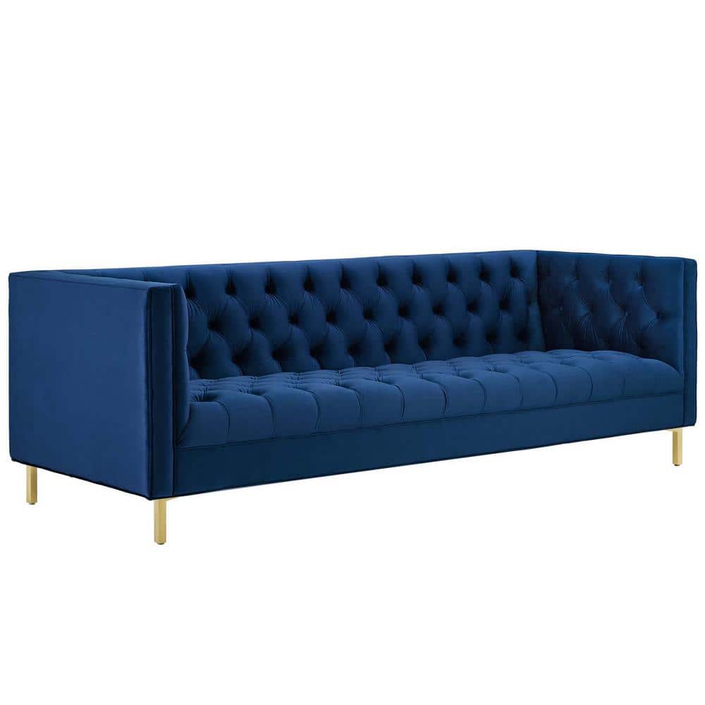 Delight Navy Velvet Tufted Button Luxe Sofa with Gold Legs
