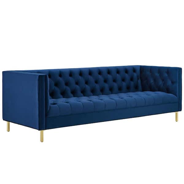 MODWAY Delight 89.5 in. Navy Velvet 4-Seater Tuxedo Sofa with Square Arms