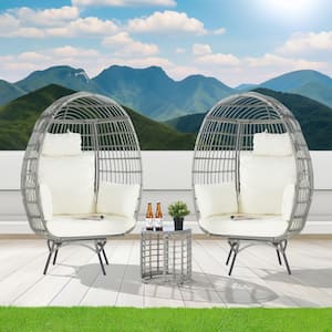 3-Piece Patio Wicker Swivel Outdoor Bistro Set with Side Table, Oversized Egg Chair with Beige Cushions