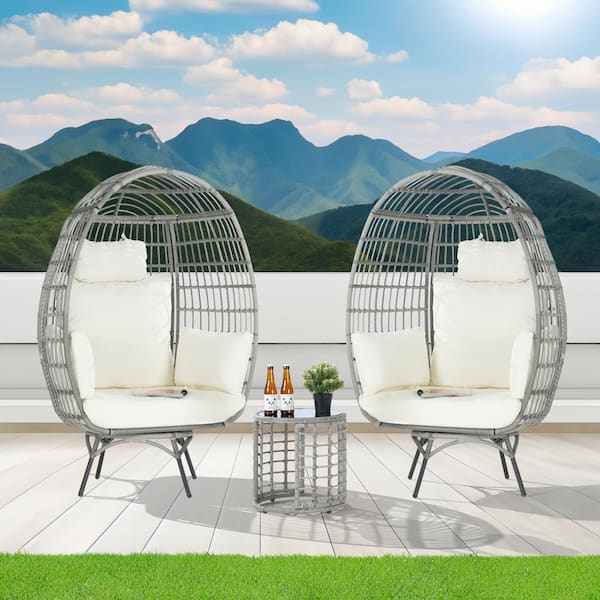 SANSTAR 3-Piece Patio Wicker Swivel Outdoor Bistro Set with Side Table, Oversized Egg Chair with Beige Cushions