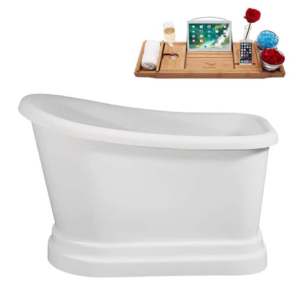 Streamline 51 in. x 28 in. Acrylic Freestanding Soaking Bathtub in Glossy White With Matte Black Drain, Bamboo Tray