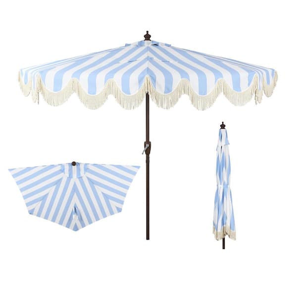 JONATHAN Y Beverly 9 ft. Designer Scalloped Fringe Half Market Patio Umbrella with Crank and Push Button Tilt in Light Blue/White