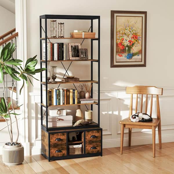 8-Tier Brown Bookshelf 79 in. Freestanding Bookcase w/ 4 Fabric Drawers and Storage